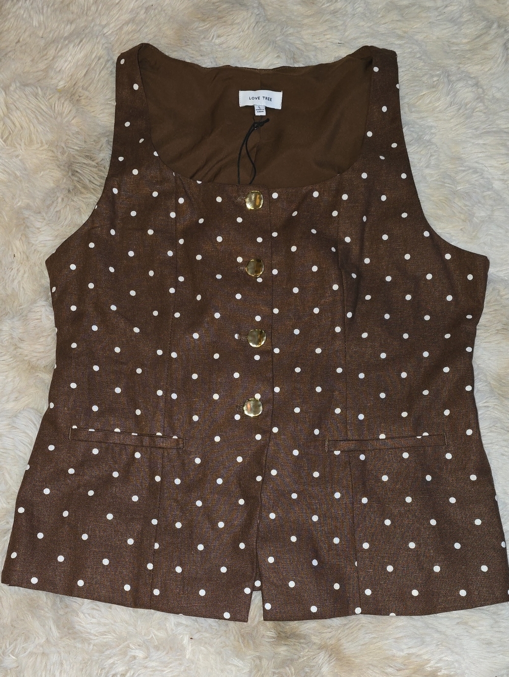 Love Tree Brown Polka Dot Button Front Vest